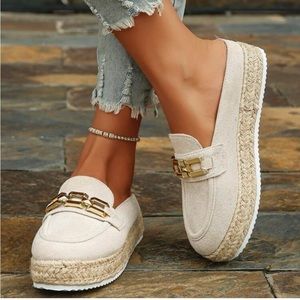 Beige, faux suede espadrille mule, fabric, rubber outsole material.